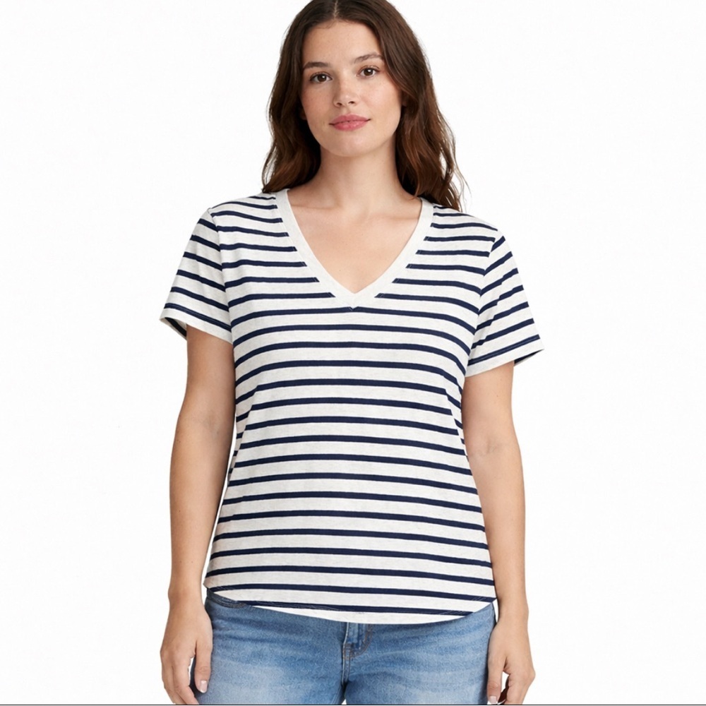Faherty Women’s Tee Shirt 100% Linen Slub V-Neck Top Medium Navy White Stripe